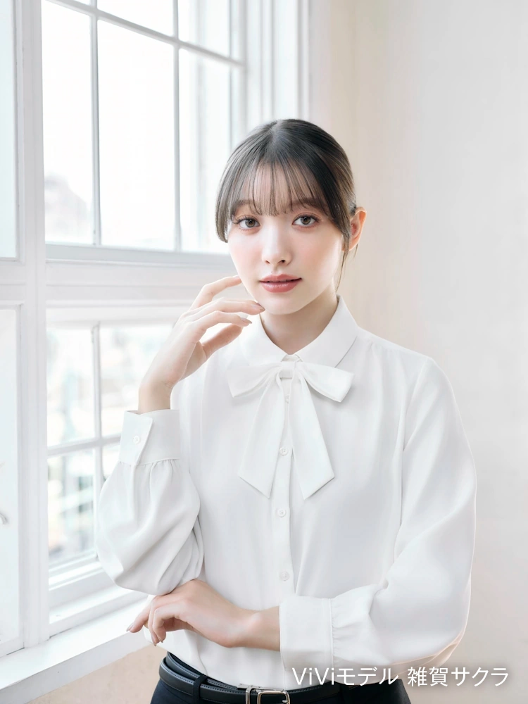 【2WAYリボン付】長袖ブラウスレギュラーカラーストレッチ透けにくい無地ViVi通年【レディース】