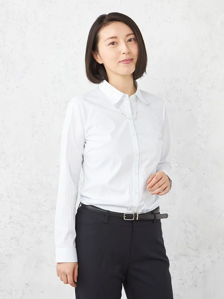 【形態安定】ブラウス長袖ビジュー付きレギュラーカラーUVカットストライプGraceField通年【レディース】