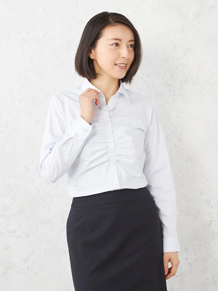 【形態安定】ブラウス長袖ビジュー付き胸ギャザースキッパーストライプSOFFICE通年【レディース】