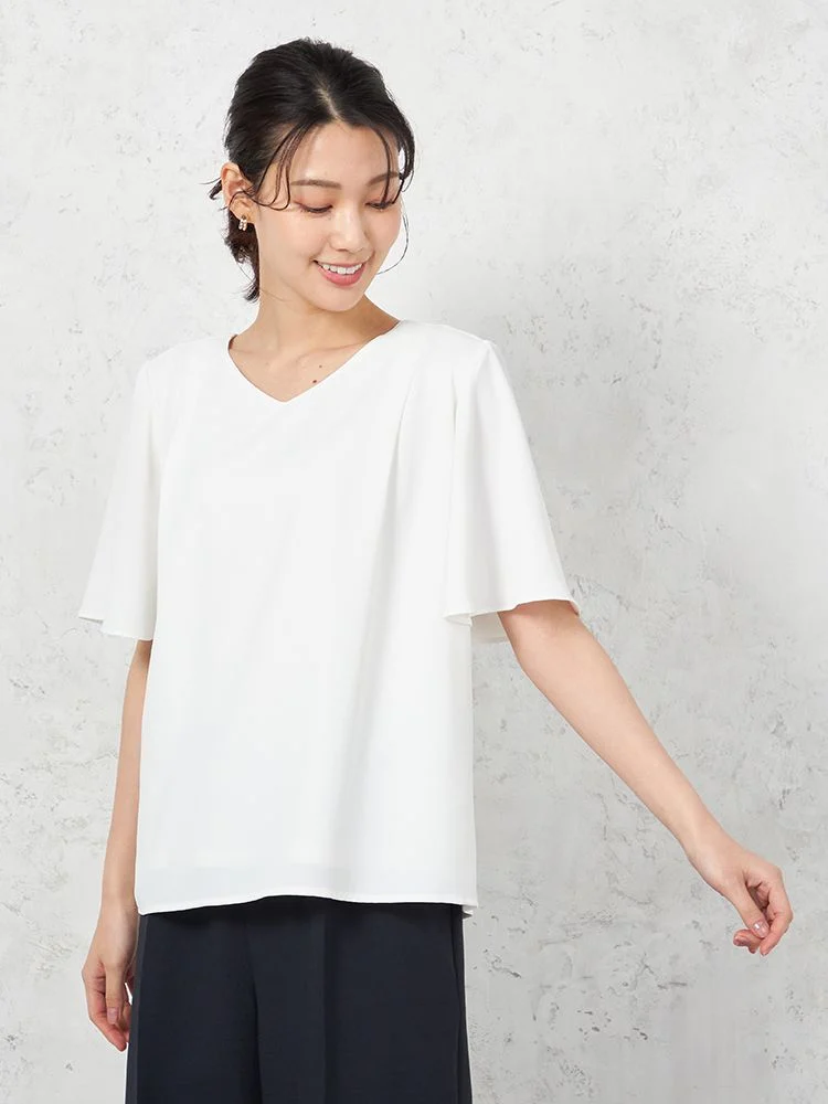 【ウォッシャブル】半袖肩タックフレアブラウス防臭抗菌透けにくい無地SOFFICE春夏【レディース】