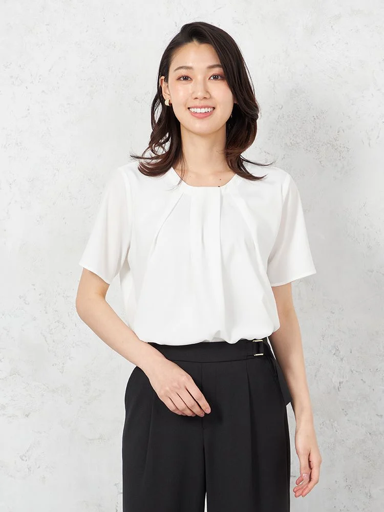 【ウォッシャブル】半袖タイ風タックブラウス防臭抗菌透けにくい無地SOFFICE春夏【レディース】