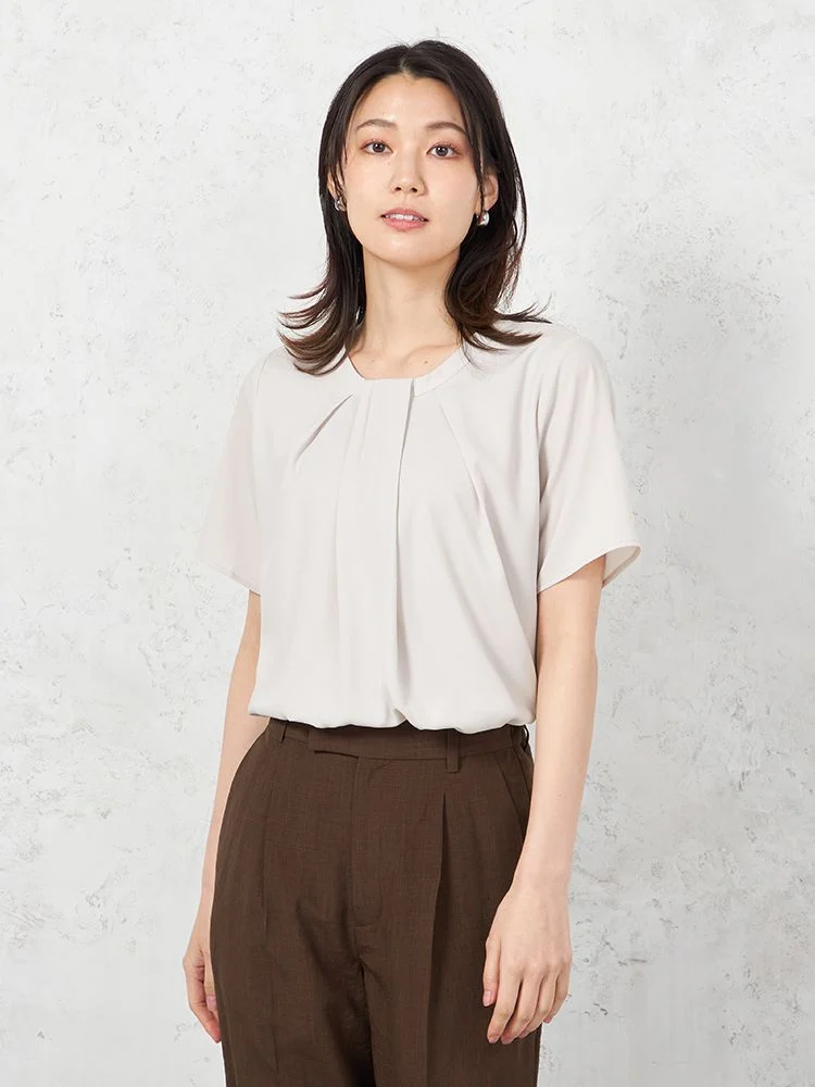 【ウォッシャブル】半袖タイ風タックブラウス防臭抗菌透けにくい無地SOFFICE春夏【レディース】