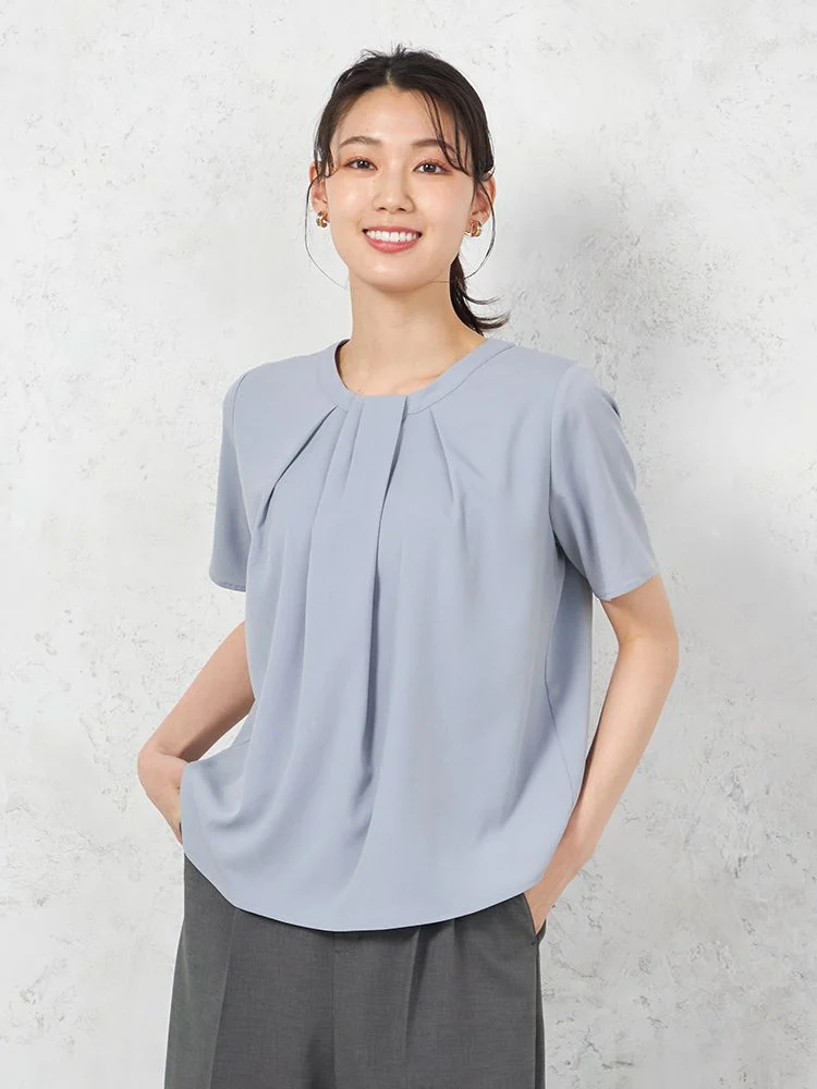 【ウォッシャブル】半袖タイ風タックブラウス防臭抗菌透けにくい無地SOFFICE春夏【レディース】