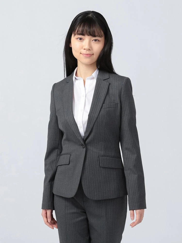 ウィメンズジャケット通年グレーストライプストレッチ1つボタンジャケット【レディース】
