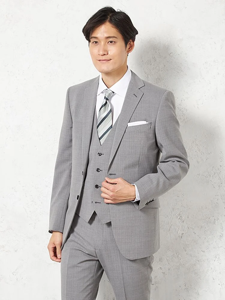 【ウォッシャブル】スリーピーススーツ2つボタンウール混ノータックストライプnero【スリムデザイン】