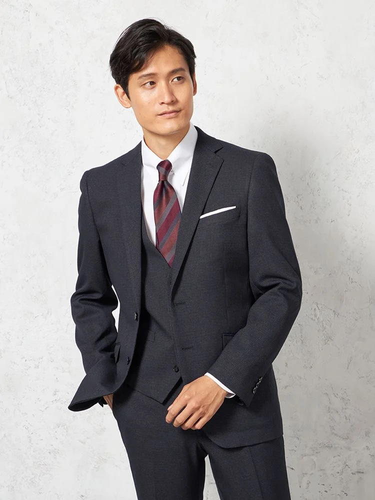 【上下ウォッシャブル】スリーピーススーツ2つボタンウールライク千鳥格子nero秋冬【スリムデザイン】