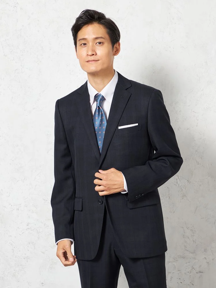【即納】スーツ2つボタン【WEB限定】上下ウォッシャブルチェックネイビー通年