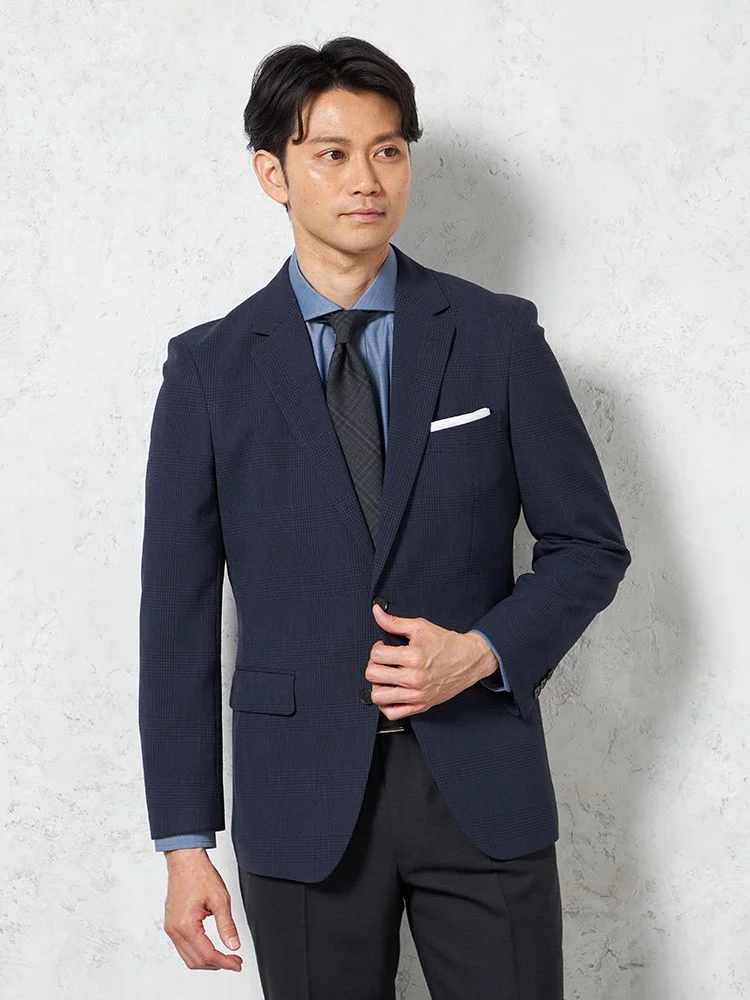 【ウォッシャブル】ジャケット2つボタンストレッチネイビーチェックリッケンバッカー