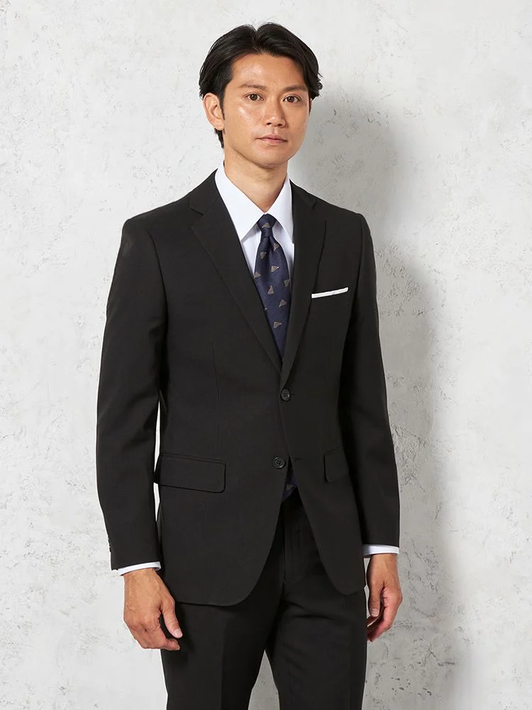 【即納】スーツ2つボタン【WEB限定】4WAYストレッチ織柄ブラック通年