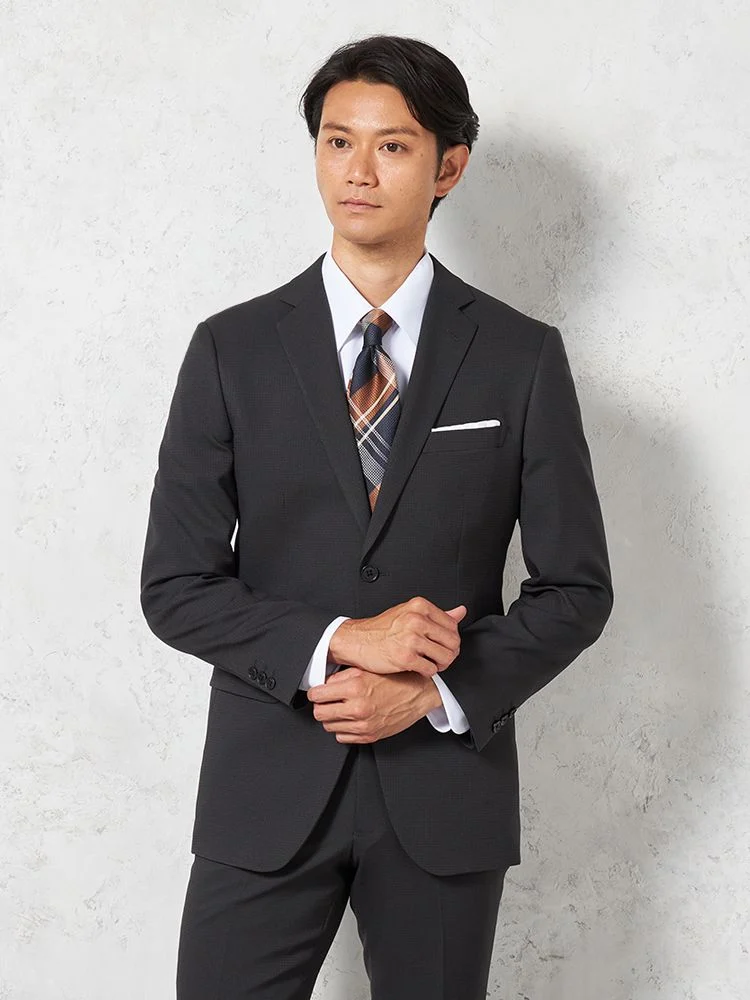 【即納】スーツ2つボタン【WEB限定】4WAYストレッチ織柄チャコールグレー通年