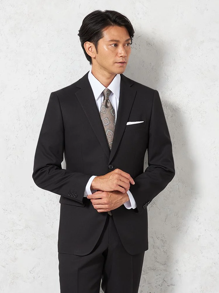 【即納】スーツ2つボタン【WEB限定】4WAYストレッチシャドウストライプブラック通年