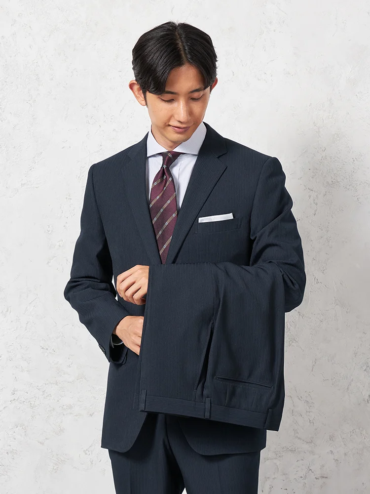 【上下ウォッシャブル】スーツ2つボタンツーパンツノータックイージーケアストライプネイビービバリーヒルズポロクラブ通年