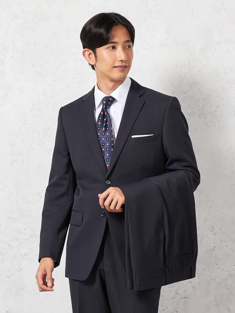 【上下ウォッシャブル】スーツ2つボタンツーパンツノータックイージーケアストライプネイビービバリーヒルズポロクラブ通年