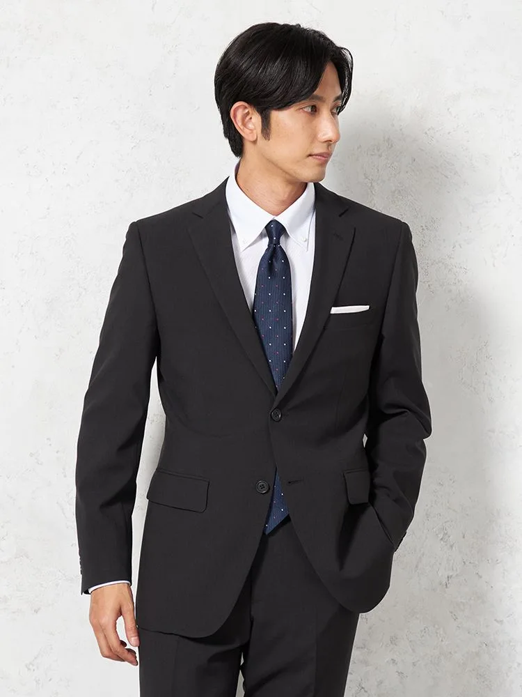 【即納】スーツ２つボタン【WEB限定】上下ウォッシャブルブラックストライプ