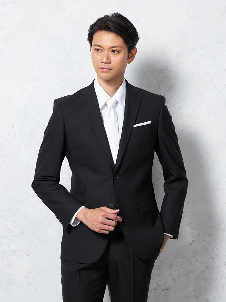 [礼服]【ウエストアジャスター仕様】フォーマル2つボタンウール混素材ブラック無地nero通年礼服【スリムデザイン】