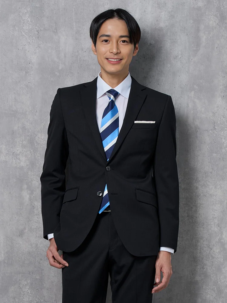 【2WAYストレッチ】2つボタンスーツブラックシャドウストライプ【ベスト(別売)有】RESPECTNERO通年【定番】【スリムデザイン】