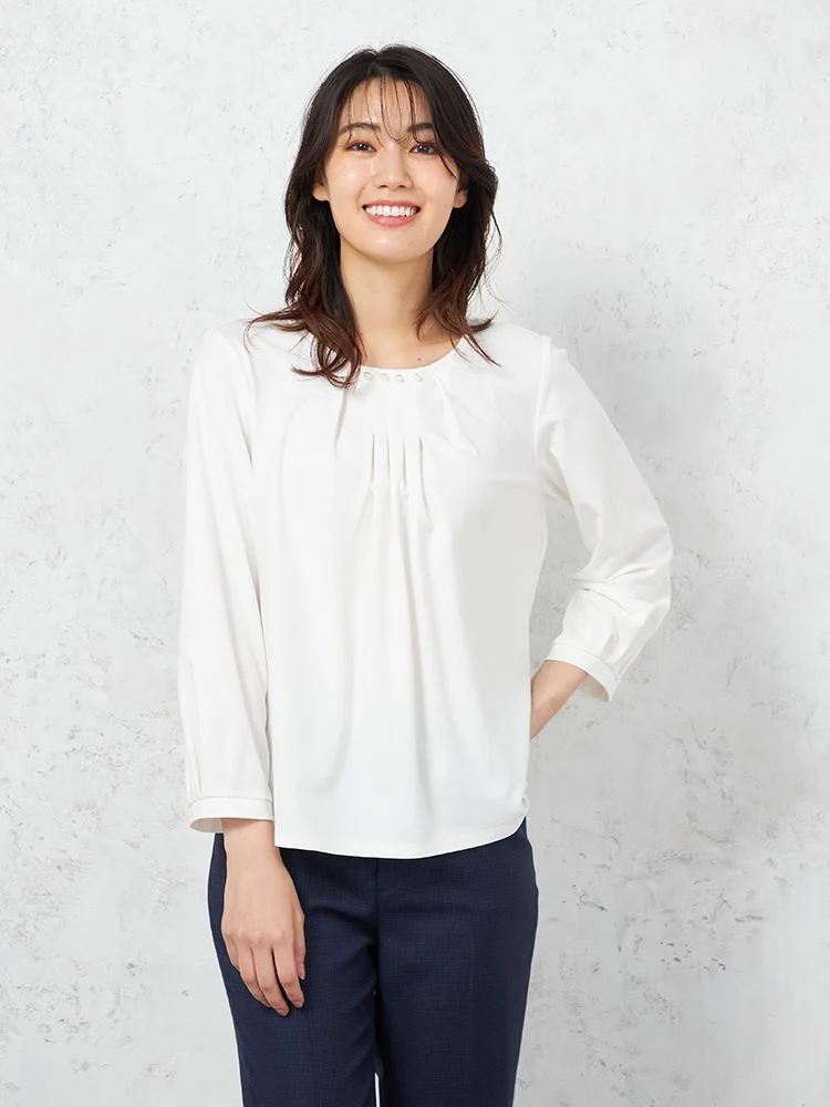 【レーヨン混】長袖ドレープポンチパール付きカットソーストレッチ無地SOFFICE通年【レディース】