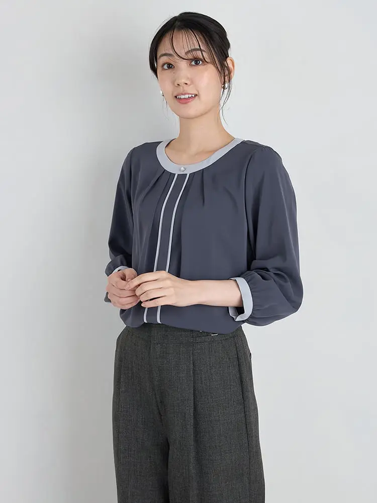 【SOFFICE】デシン配色7分袖ブラウスニット・カットソー無地ウォッシャブル通年【レディース】