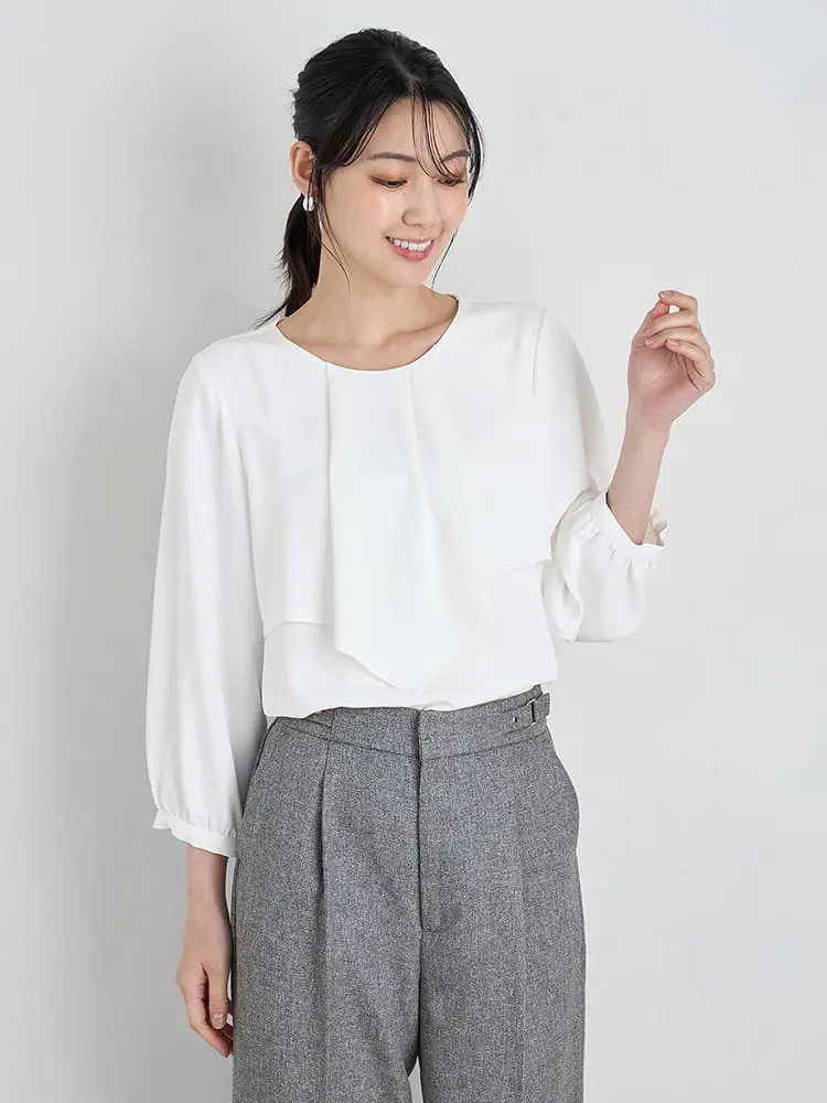 【SOFFICE】デシンアシメフリル7分袖ブラウスニット・カットソー無地ウォッシャブル通年【レディース】