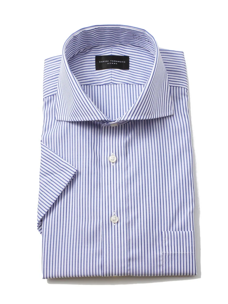 【形態安定】半袖ワイシャツカッタウェイ綿100%防汚/抗菌/防臭ロンドンストライプカンサイ・ヤマモト春夏