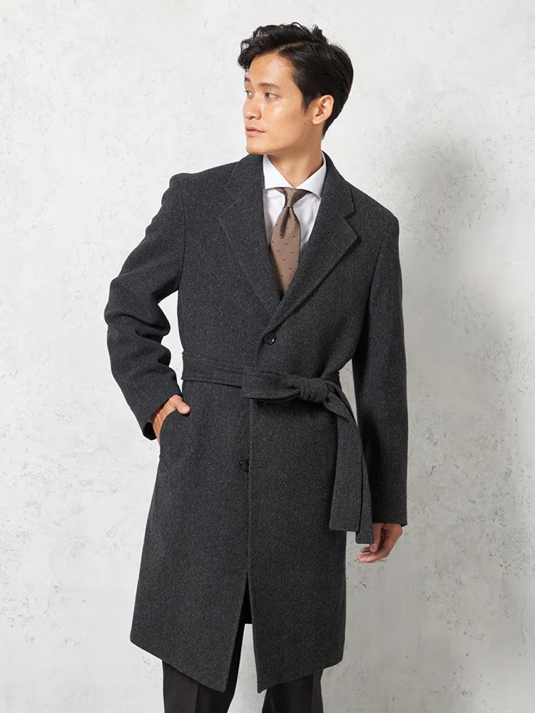 【ウール100％】クラシックベルテッドウールコートベルト付きヘリンボンnero秋冬【スリムデザイン】