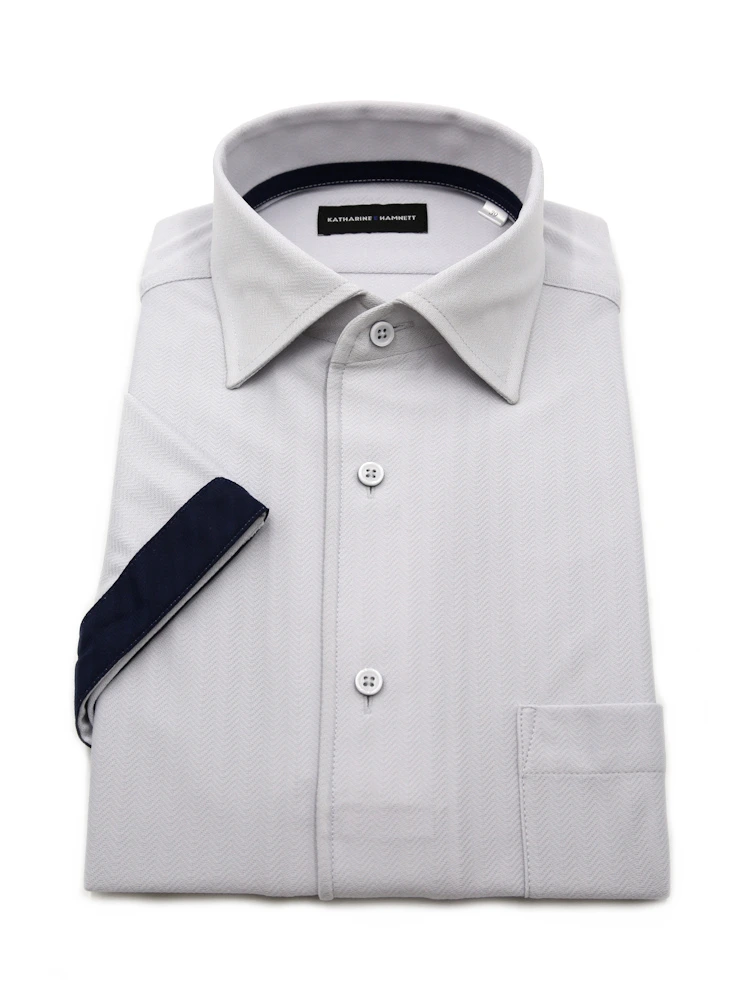 【KATHARINEEHAMNETT-キャサリン・イー・ハムネット-】半袖ワイシャツワンピースカラーセミワイド360°ストレッチ吸水速乾へリンボン通年