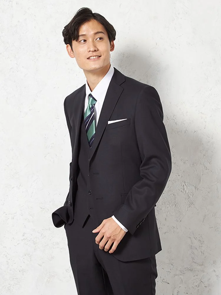 【ウール100％】スリーピーススーツ2つボタンスリムシルエットノータック織柄無地nero【スリムデザイン】