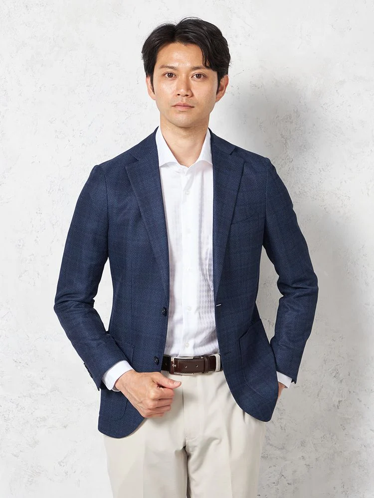 【ウォッシャブル】ジャケット2つボタン【i-Jacket-アイジャケット-】ストレッチ軽量イタリアンチェック柄ネイビー春夏