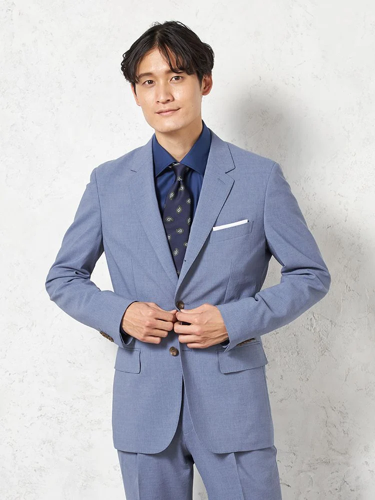 【パンツウォッシャブル】スーツ段返り3つボタンリネンライクライトフィールドライタッチ軽量ブルーリッケンバッカー春夏