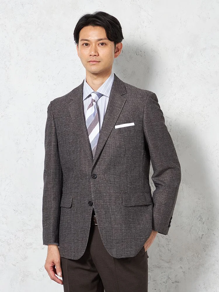 【超軽量】ジャケット2つボタンリネンタッチ高通気ブラウンチェックRUCKENBACCHAR春夏