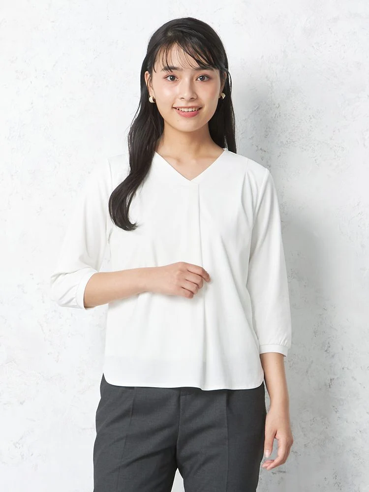 【INDIVI】カットソー7分袖シルケット天竺Ｖ開きトップスウォッシャブル無地通年【レディース】