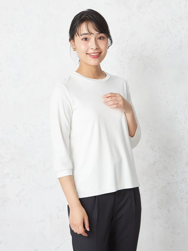 【INDIVI】カットソー7分袖シルケット天竺クルーネックカットソーウォッシャブル無地通年【レディース】