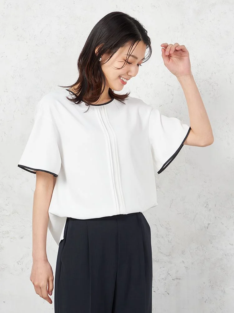 【INDIVI】ウォッシャブルソフトクレープ半袖配色ブラウス無地春夏【レディース】