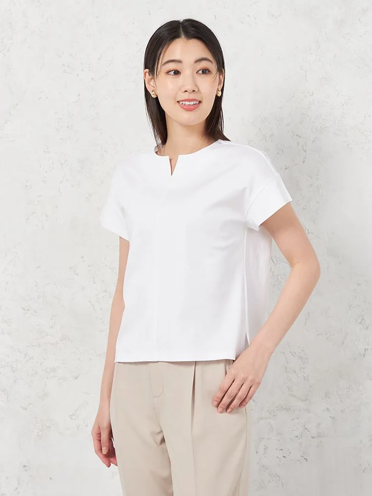【INDIVI】シルケットポンチフロントVデザイン半袖Tシャツ春夏【レディース】