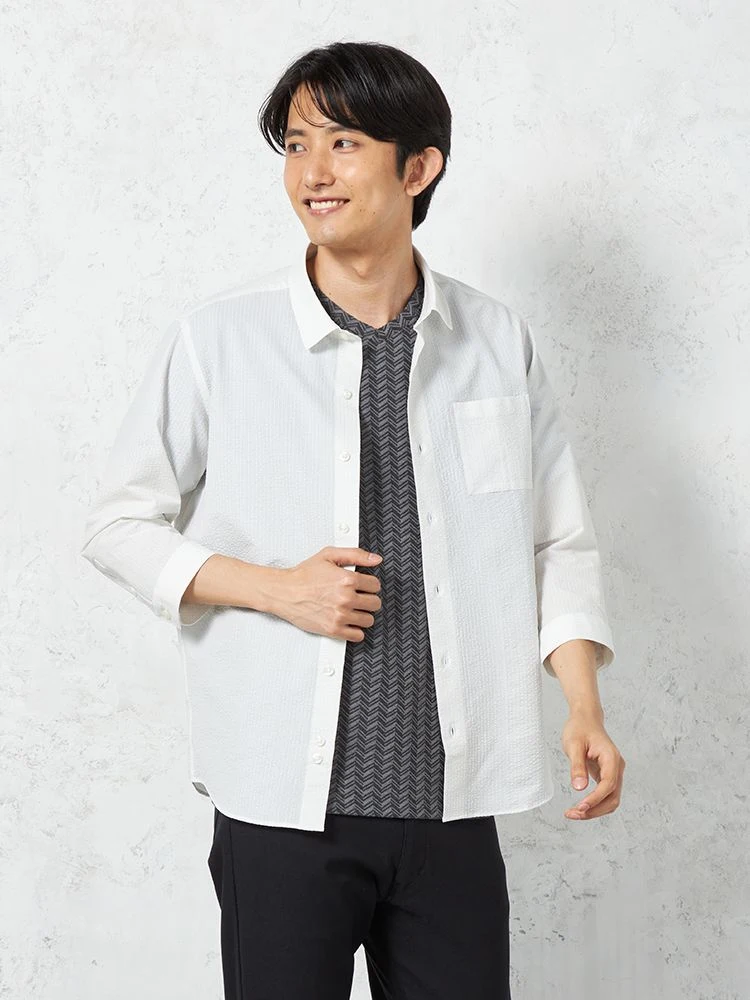 【RUCKENBACCHAR】7分袖レギュラーカラープリントシャツミニ小紋柄カジュアルインナー春夏