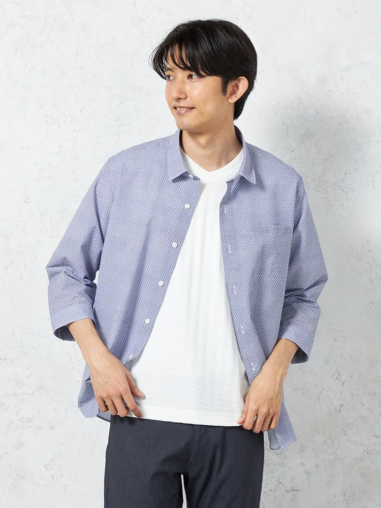 【RUCKENBACCHAR】7分袖レギュラーカラープリントシャツミニ小紋柄カジュアルインナー春夏