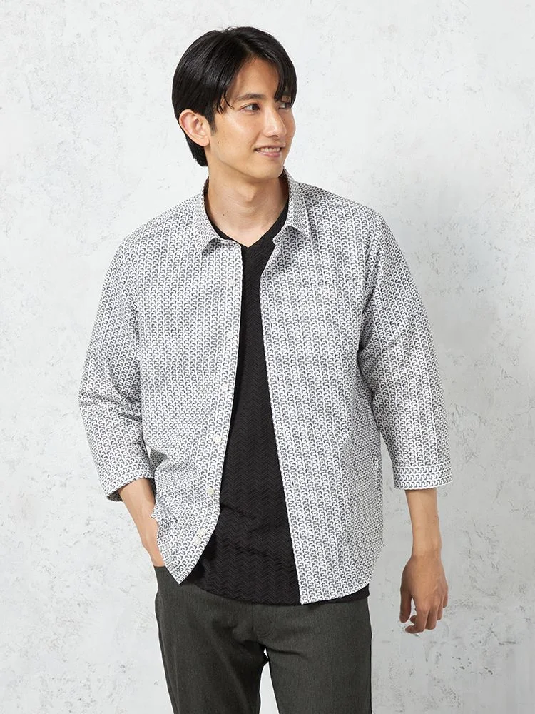 【RUCKENBACCHAR】7分袖レギュラーカラープリントシャツミニ蝶柄カジュアルインナー春夏