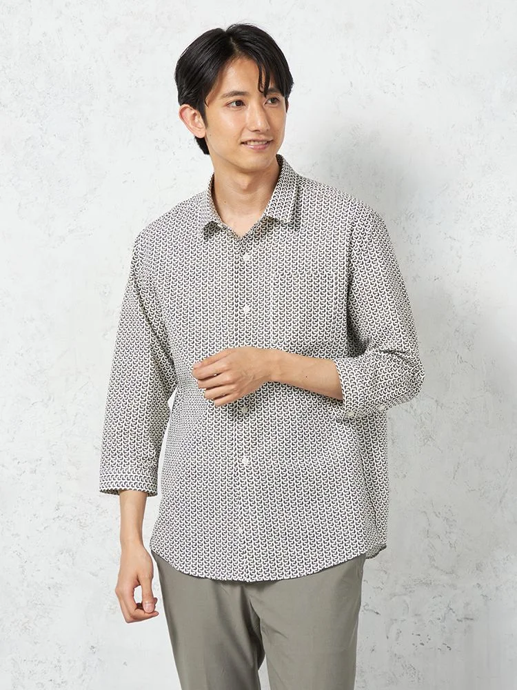 【RUCKENBACCHAR】7分袖レギュラーカラープリントシャツミニ蝶柄カジュアルインナー春夏