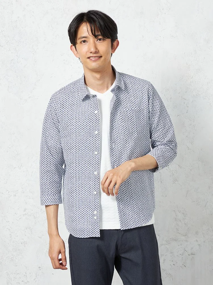 【RUCKENBACCHAR】7分袖レギュラーカラープリントシャツミニ蝶柄カジュアルインナー春夏