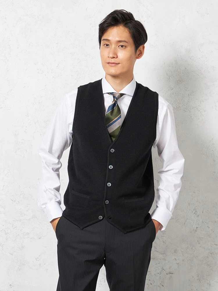 【ウォッシャブル】ミラノリブ前割れベスト放電抗ピリング無地ベストリッケンバッカー秋冬