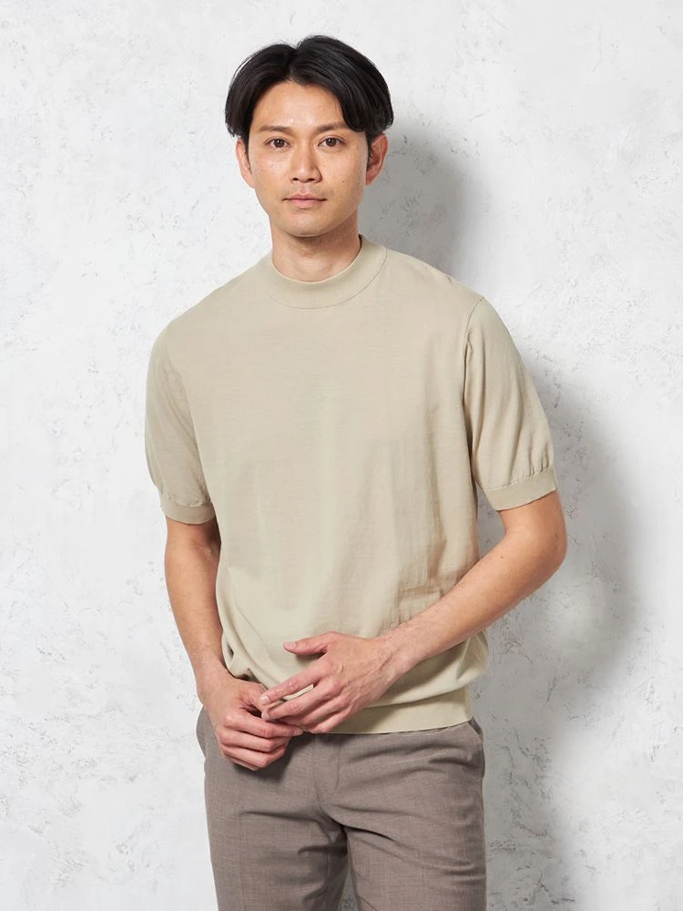 【綿100％】半袖モックネックニットTシャツカジュアルインナー無地リッケンバッカー春夏