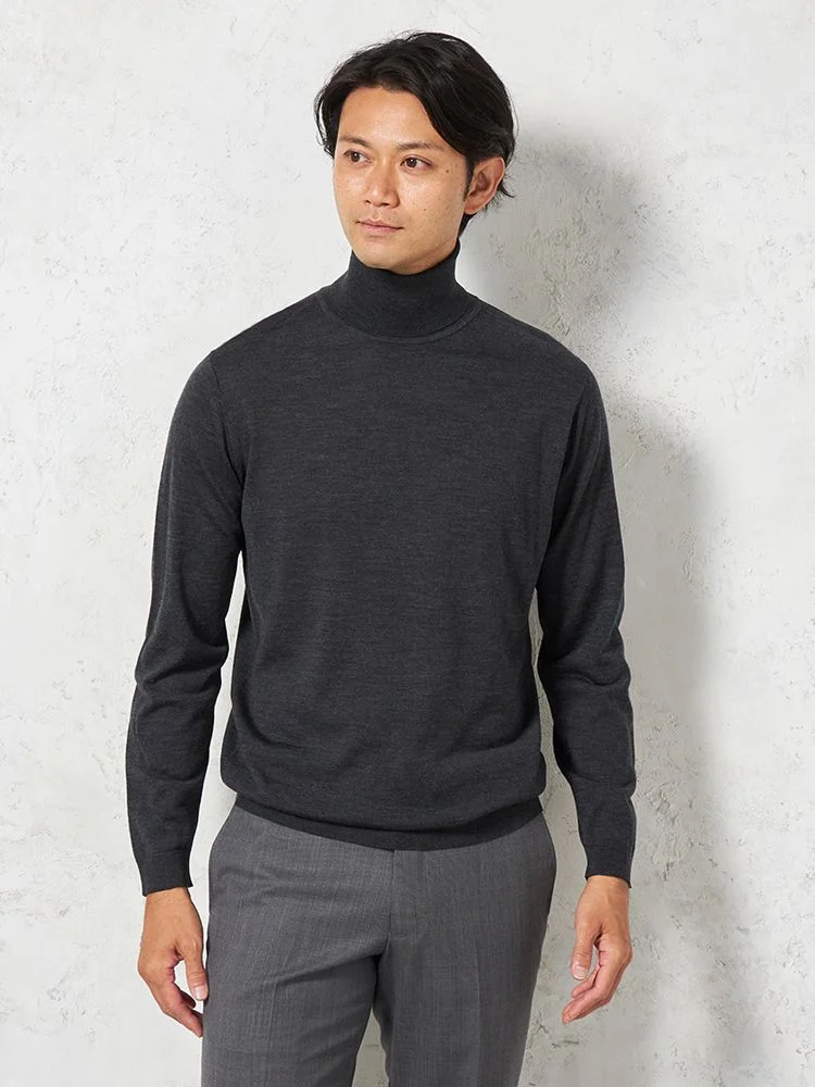 【ウール100%】梳毛タートルネックセーターカジュアルインナー無地リッケンバッカーブラック秋冬