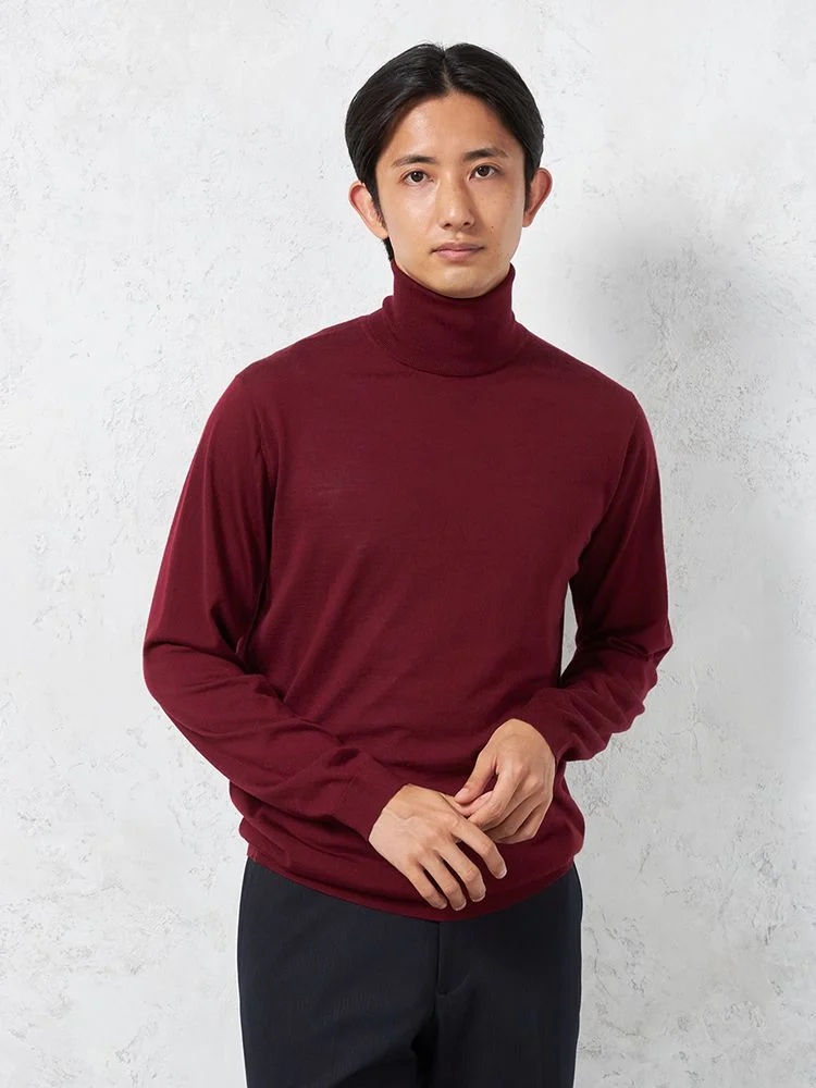 【ウール100%】梳毛タートルネックセーターカジュアルインナー無地リッケンバッカーブラック秋冬