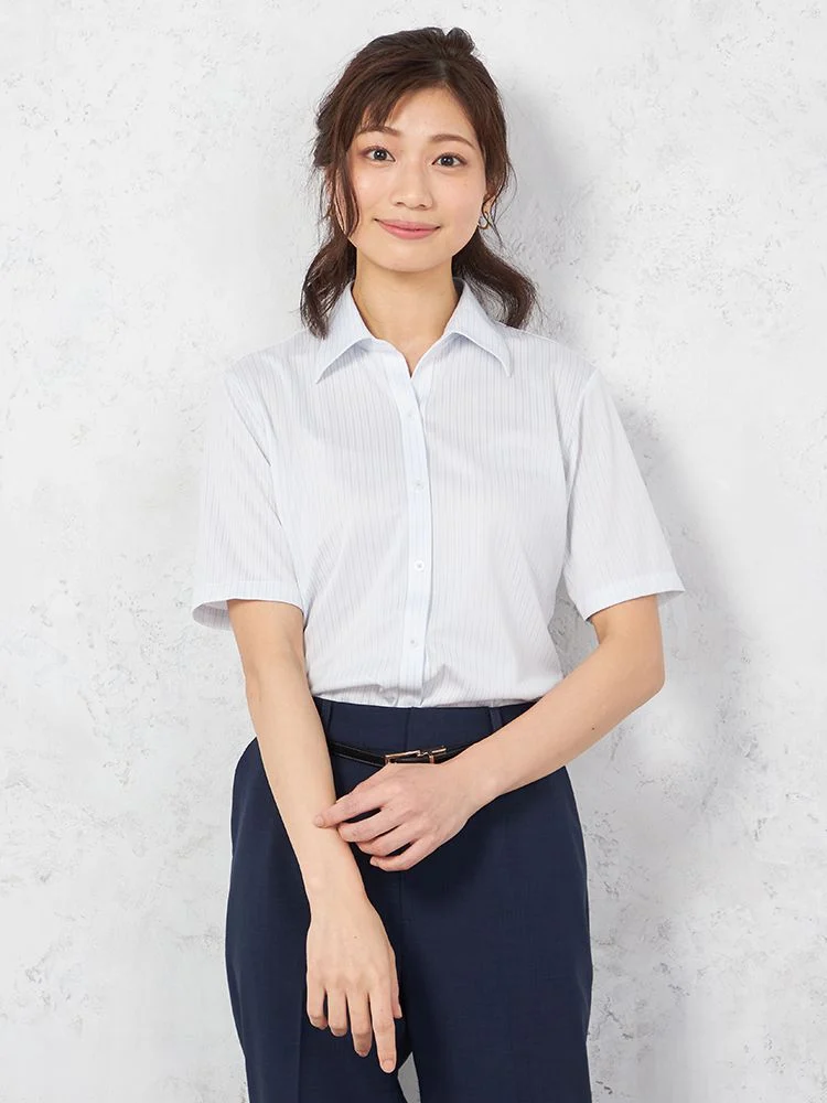 【完全ノーアイロン】i-shirtバイオセンサー半袖ブラウススキッパーサックスシャドウストライプアイシャツ春夏【レディース】