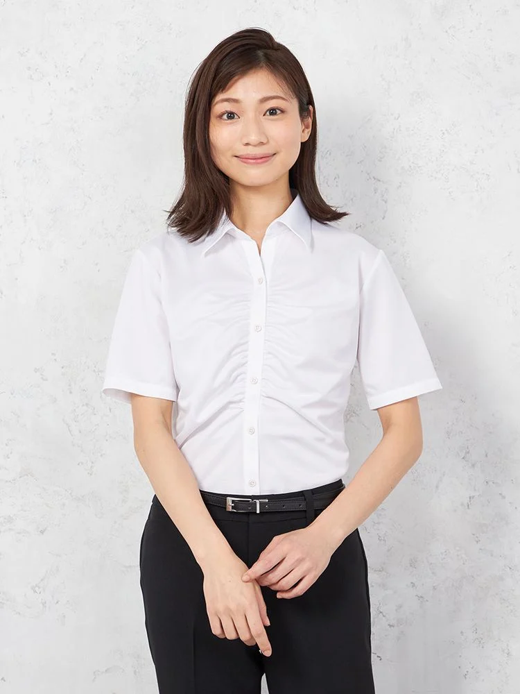 【完全ノーアイロン】i-shirtバイオセンサー半袖ブラウスギャザースキッパー白織柄無地アイシャツ春夏【レディース】