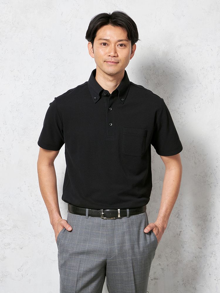【綿麻ポリエステル素材】半袖ポロシャツボタンダウンドライタッチカジュアルインナー無地春夏
