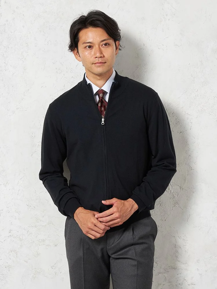 【ウォッシャブル】長袖ニットファイブミックスフルジップセーターカジュアルインナー無地リッケンバッカーブラック秋冬