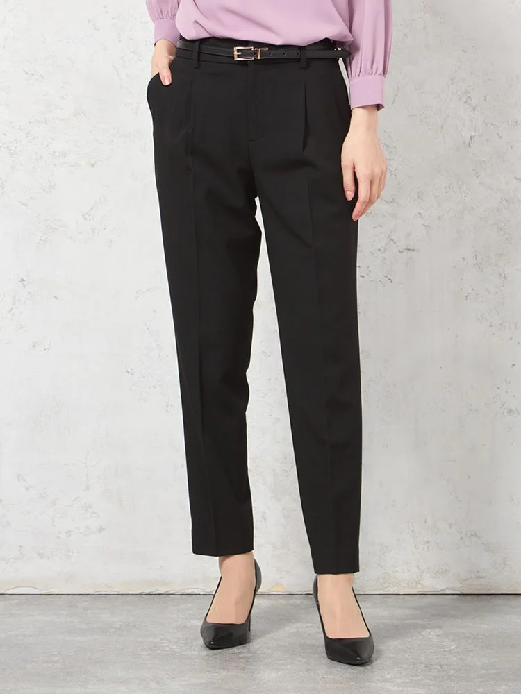 【ウォッシャブル】テーパードパンツ裏起毛2WAYストレッチワンタック無地秋冬【レディース】