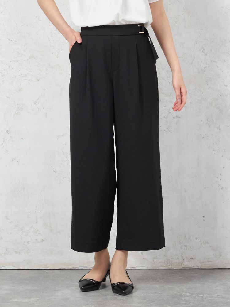 【ウォッシャブル】WALKPLUSサイドタブワイドパンツ麻調メッシュ素材無地春夏【レディース】