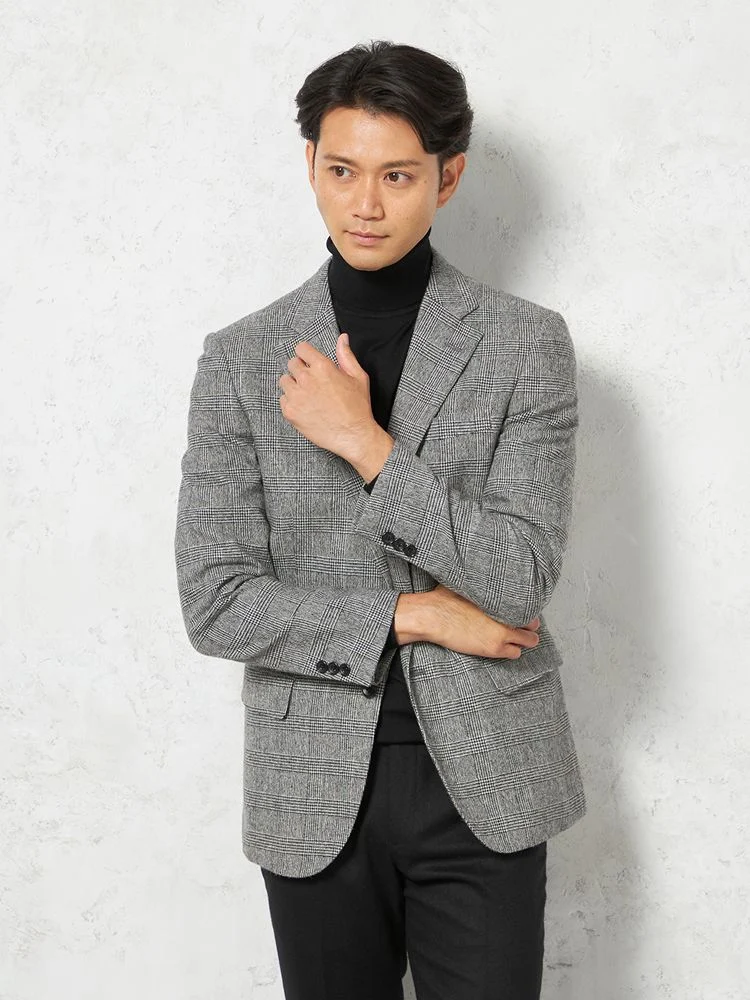 【尾州サスティナブルウール】ジャケット段返り3つボタンライトツイードジャケットグレンチェックリッケンバッカー秋冬